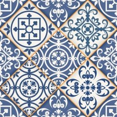 Seamless patchwork pattern from dark blue and white Moroccan tiles N5