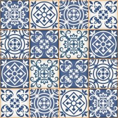 Seamless patchwork pattern from dark blue and white Moroccan tiles N6