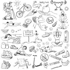 Hand drawn about healthy lifestyle on white background N2