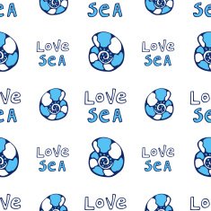 Hand drawn love sea seamless pattern with shells Blue background