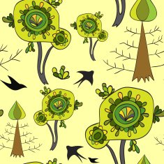 Green spring pattern with swallows and trees