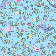 Nature pattern with flowers and birds