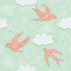 Seamless background with swallows clouds and flowers