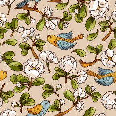 Pattern with apple blossom and birds