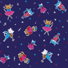 Cartoon seamless multicolored singing cats and stars on a dark