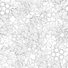 abstract seamless pattern with hearts flowers houses curls