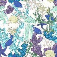 Vintage blue seamless sea summer background with algae N4