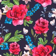 Seamless Watercolor Background with Blooming Red Roses and Blueberries
