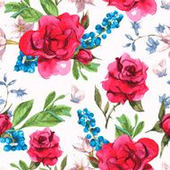 Seamless Watercolor Background with Blooming Red Roses and Blueberries N2