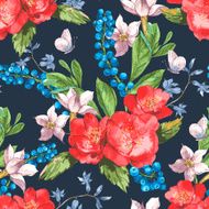 Seamless Watercolor Background with Blooming Red Roses and Blueberries N3