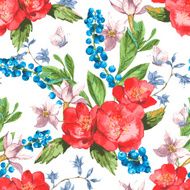 Seamless Watercolor Background with Blooming Red Roses and Blueberries N4