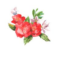 Watercolor Invitation Vintage Card with Blooming Red Roses