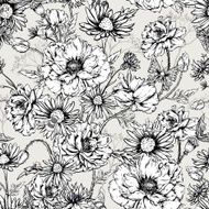 Monochrome Floral Seamless Pattern with Blooming Poppies