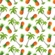 Watercolor seamless pattern with coconut palm trees and pineapples N2