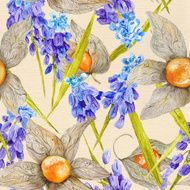 Provence Watercolor Pattern with Muskari and Physalis N2