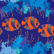 Seamless pattern with dotted orange fish and blue blots