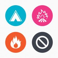 Tourist camping tent sign Fire flame icons N6