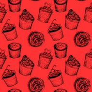 Hand drawn seamless pattern - Sweet cupcakes Sketch background N3