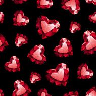 Shiny red ruby heart on black background seamless pattern