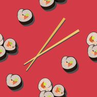 Seamless pattern with sushi roll and chopsticks