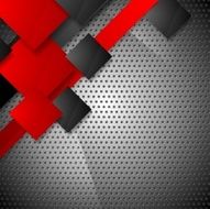 Red and black squares on metallic perforated texture background