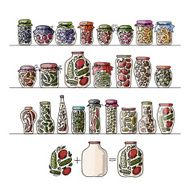 Set of pickle jars with fruits and vegetables