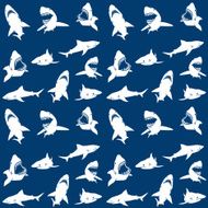 Sharks silhouettes seamless pattern white on blue Background