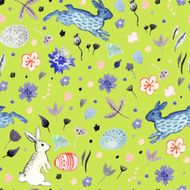 Watercolor floral seamless with Easter eggs and bunnies