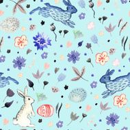 watercolor floral pattern with Easter eggs and bunnies