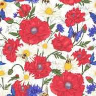 Summer Vintage Floral Seamless Pattern with Blooming Red Poppies N3