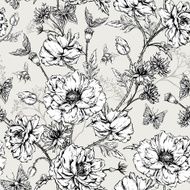 Summer Monochrome Vintage Floral Seamless Pattern with Blooming Poppies