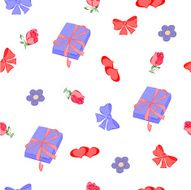 Repeating pattern of flowers hearts ribbons and gifts