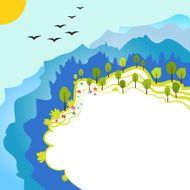 Cute landscape with mountines trees flowers and birds