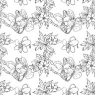 Seamless pattern of anemones and violets monochrome