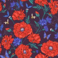 Summer Vintage Floral Seamless Pattern with Blooming Red Poppies N4