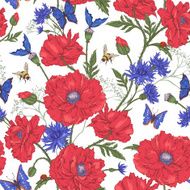 Summer Vintage Floral Seamless Pattern with Blooming Red Poppies N5