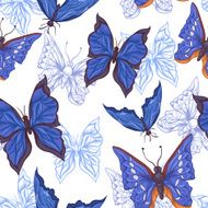 Vintage Seamless Pattern with Blue Butterflies N2