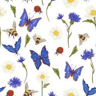 Summer Vintage Seamless Pattern with Blooming Chamomile
