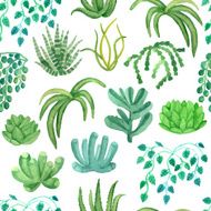 Watercolor seamless pattern with house plants in pots N2