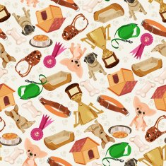 Cute funny seamless pattern with dogs and things for pets