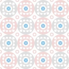 Seamless pattern of white flowers in pink and grey circles