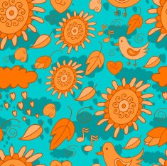 Seamless turquoise-orange pattern with birds flowers and leaves