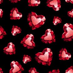 Shiny red ruby heart on black background seamless pattern