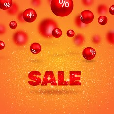 Sale poster 3d red balls with percents on orange background