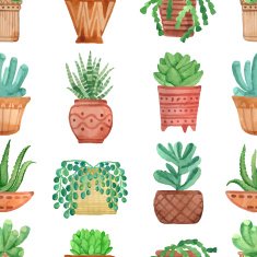 Watercolor seamless pattern with house plants in pots