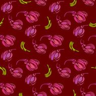 Vintage seamless pattern with decorative violet tulips and leaves