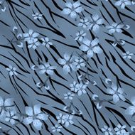 Blue flowers on tiger wild skin leather seamless pattern background