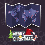 world map with point of santa clause hat christmas concept