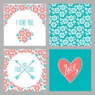Set of Flower wedding invitation cards and 4 patterns greeting