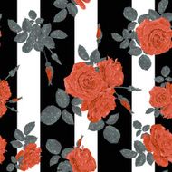 Seamless flower red roses pattern with horizontal stripes and do